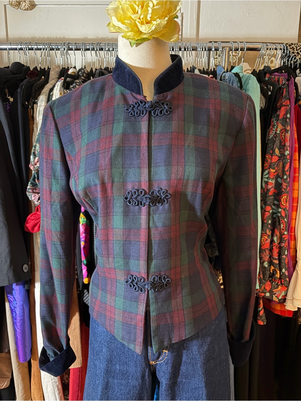 Vintage 90s Plaza South Tartan Plaid Jacket Mandarin Collar Velvet Trim Size 12